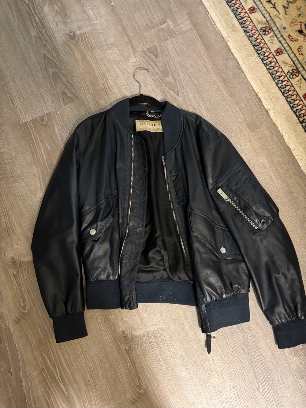 Rare Navy Burberry Leather Bomber Jacket
